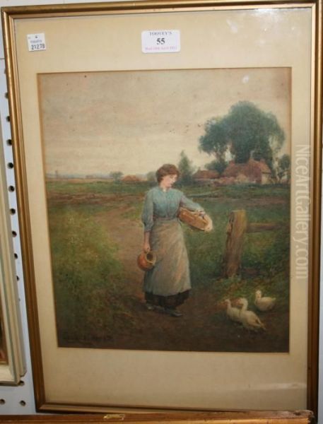Woman Walking Past Ducks In A Rural Landscape - view 1