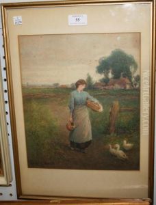 Woman Walking Past Ducks In A Rural Landscape by George Whyatt