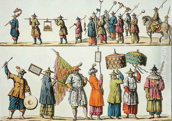 Principal attendants of the Chinese Emperors procession, illustration from Le Costume Ancien et Moderne by Giulio Ferrario, published c.1820s-30s - view 1