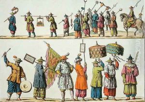 Principal attendants of the Chinese Emperors procession, illustration from Le Costume Ancien et Moderne by Giulio Ferrario, published c.1820s-30s by Gaetano Zancon