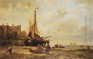 A 'bomschuit' On The Beach by Nicolaas Martinus Wijdoogen