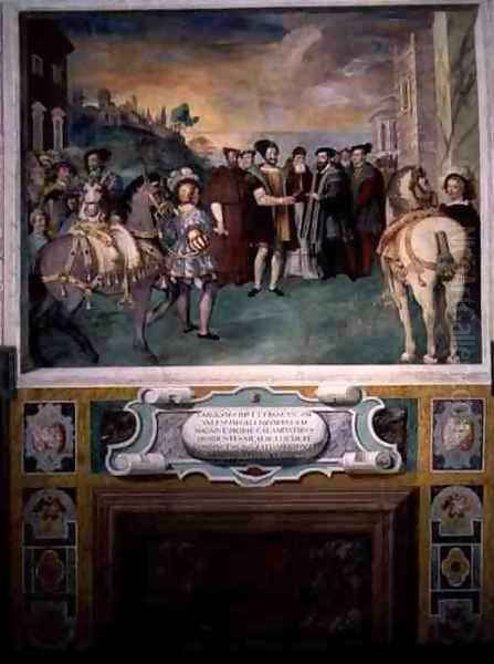 Emperor Charles V (1500-58) and Francis I (1494-1547) Make Peace under the Auspices of Pope Paul Farnese III (1546-92), from the Sala dei Fasti Farnese, 1557-66 - view 1