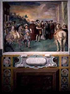 Emperor Charles V (1500-58) and Francis I (1494-1547) Make Peace under the Auspices of Pope Paul Farnese III (1546-92), from the Sala dei Fasti Farnese, 1557-66