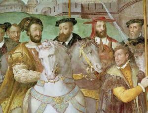 Detail from The Solemn Entrance of Emperor Charles V (1500-58), Francis I (1494-1547) and Alessandro Farnese (1546-92) to Paris in 1540, from the Sala dei Fasti Farnese, 1557-66