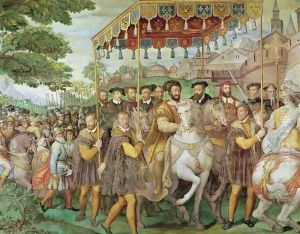 The Solemn Entrance of Emperor Charles V (1500-58), Francis I (1494-1547) and Alessandro Farnese (1546-92) to Paris in 1540, from the Sala dei Fasti Farnese, 1557-66 (detail)