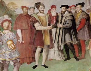 The Truce of Nice between Francis I (1494-1547) and Charles V (1500-58) from the Sala del Consiglio Trento by Taddeo Zuccaro