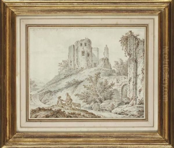 Ruines Du Chateau De Montfort L'amaury Avec Des Bergers Au Premier Plan - view 1