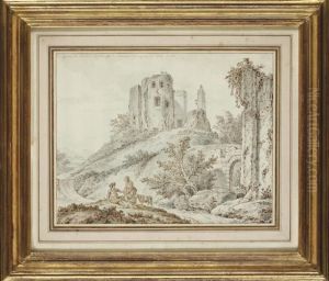 Ruines Du Chateau De Montfort L'amaury Avec Des Bergers Au Premier Plan by Johann Georg Wille