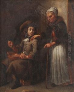 A Peasant Interior With An Old Woman And A Young Boy Eating