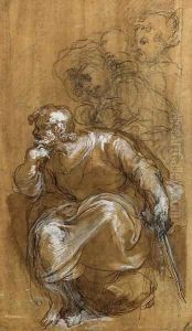 A seated bearded Man in profile to the left, three standing figures beyond by Taddeo Zuccaro