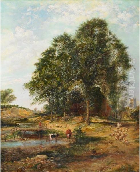Shepherd Leading A Flock Of
Sheep Towards A Pool With Cattle Watering And Distant Windmill - view 1