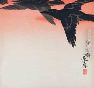 Crows in flight in a red sky