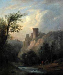 Landscape With River, Castle And Figures by Richard Wilson