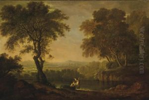 A Wooded River Landscape With Figures Conversing, A Settlement Beyond