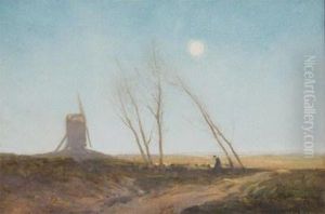 A Moonlit Landscape With A Windmill; A Moorland Track A Moonlit Landscape With A Windmill; A Moorland Track