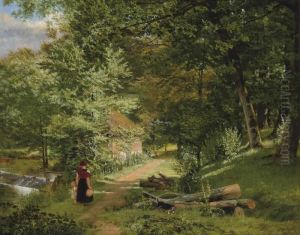 A Mother And Child On A Wooded Path Before A Watermill