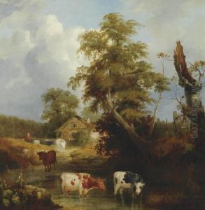 A Wooded River Landscape With Cattle Watering by Jan Baptist Wolfaerts