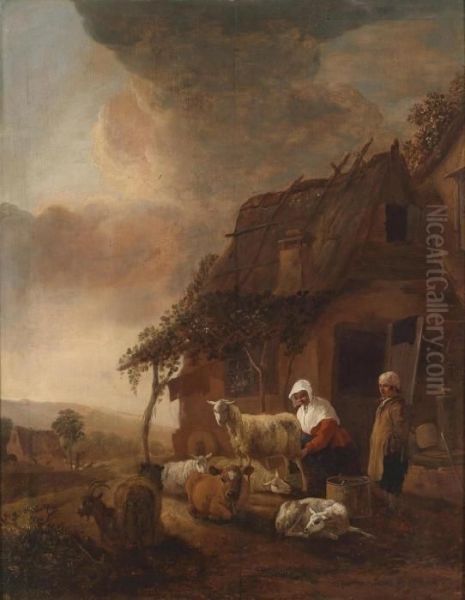 A Rustic Scene With Cattle Near A Farmhouse - view 1