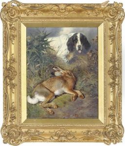 Hare And A Setter In A Landscape by William Arnold Woodhouse