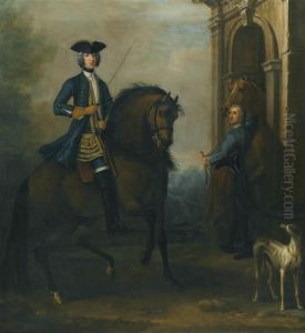 Portrait Of A Gentleman On 
Horseback, Probably James Douglas-hamilton, 5th Duke Of Hamilton And 2nd
 Duke Of Brandon (1703-1743), Mounted On A Bay Hunter, With His Groom 
Holding Another Horse By A Classical Arch, And A Greyhound
