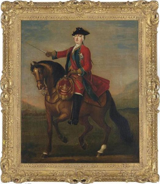 An Equestrian Portrait Of Prince
William Augustus, Duke Of Cumberland Wearing The Uniform Of The Red
Guards And The Ribbon And Star Of The Garter - view 1
