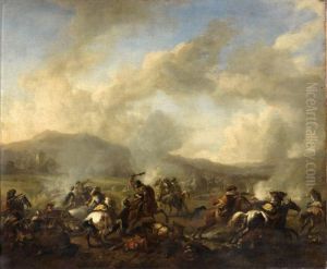 Combat De Cavalerie : L'attaque D'un Convoi Dans Un Champ De Bl by Pieter Wouwermans or Wouwerman