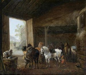 A Stable Interior With Two
Horses Being Saddled And Other Horses Standing In Their Stalls by Pieter Wouwermans or Wouwerman