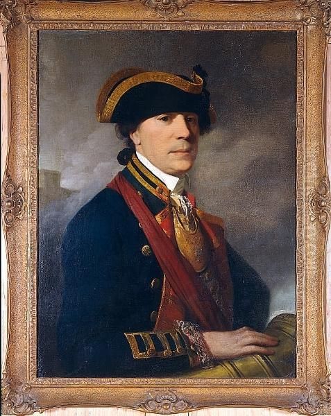Portrait Of An Officer,
Half-length, In The Uniform Of The Royal Artillery, His Right Hand
Resting On A Cannon, A Battle Beyond - view 1