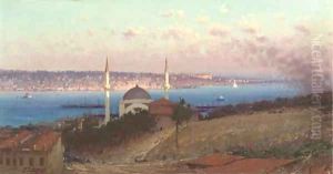 The Dolmabahce Mosque and askutdar as seen from the hills of Gutmutssutyut, Constantinople by Fausto Zonaro
