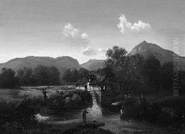 W. "angler Am Muhlbach". Sign. Ol
 Auf Lwd. Rest. 48,5 X 67,5 Cm. Rahmen - view 1