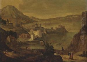 A Coastal Town With Figures, Mountains Beyond by Thomas Wyck