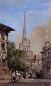 View Of Continental Town With Church To Background by William Wyld