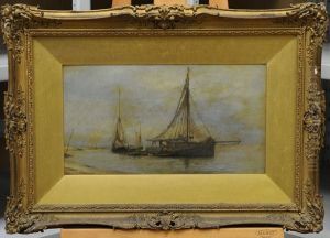 Figures Loading Moored Fishing Boats by William Lionel Wyllie