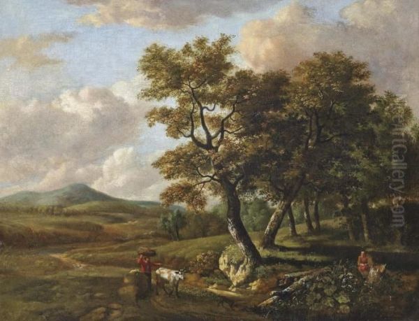 A Wooded Landscape With Drovers And Their Cattle On A Track - view 1