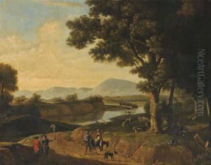 A Wooded River Landscape With Travellers On A Track And A Shepherd And His Flock by Jan Wijnants