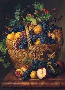 Grapes, Apples And Pears In A Basket With Berries And Butterflies On A Marble Ledge by Leopold Zinnogger