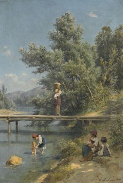 Romische Bauernmadchen Mit Kleinkindern Am Flussufer - view 1