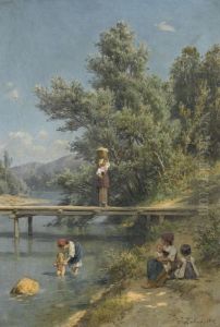 Romische Bauernmadchen Mit Kleinkindern Am Flussufer by Johann Zahnd