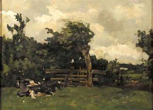 Cows in a meadow in a wooded landscape by Willem de Zwart