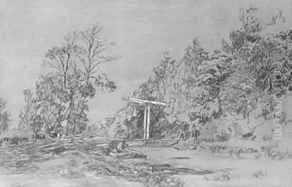 A wooded landsape with a peasant in a praam by a draw-bridge - view 1