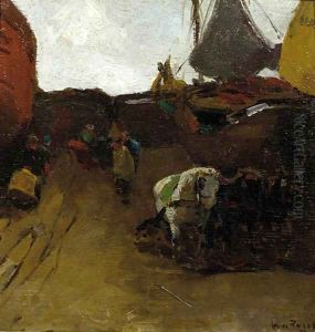 Horses towing a Bomschuit on the beach of Scheveningen