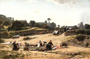 Women washing the clothes in a stream