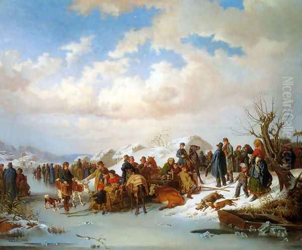 A Village Gathering along a Frozen River - view 1
