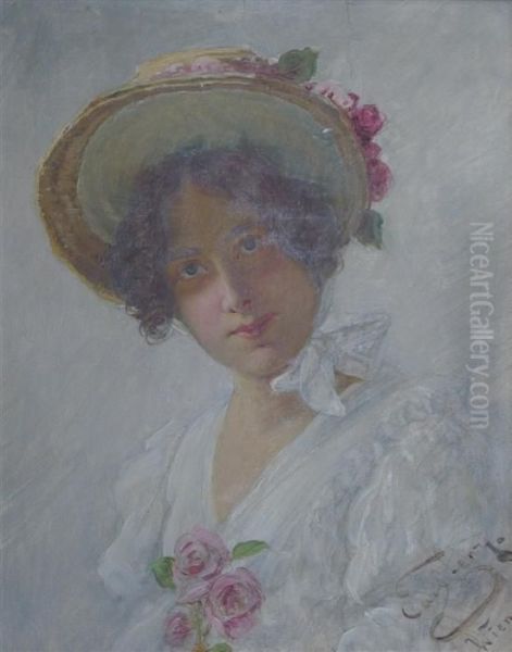 Portrait Of A Young Lady With Roses In Her Hat - view 1