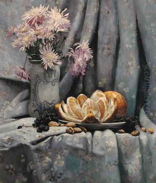 Chrysanthemums and an Open Orange - view 1