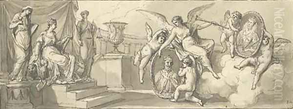 Design for a painting depicting Fame, with some Genii, presenting to Great Britain the portraits of Alfred the Great and Queen Elizabeth Great Brita - view 1