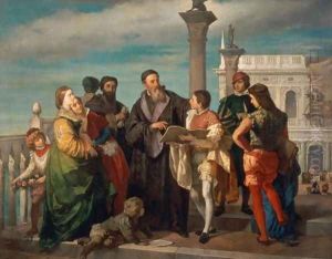 The Meeting Between Titian (1488-1576) and Veronese (1528-88) on the Ponte della Paglia by Antonio Zona