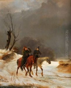 Zwei Reiter In Verschneiter Landschaft by August Richard Zimmermann