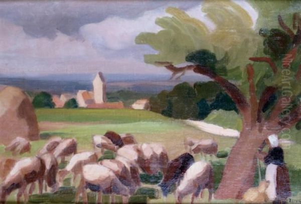Bergere Et Son Troupeau De Moutons Pres Du Village - view 1