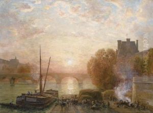 Paris, La Seine Et Le Louvre Au Soleil Couchant